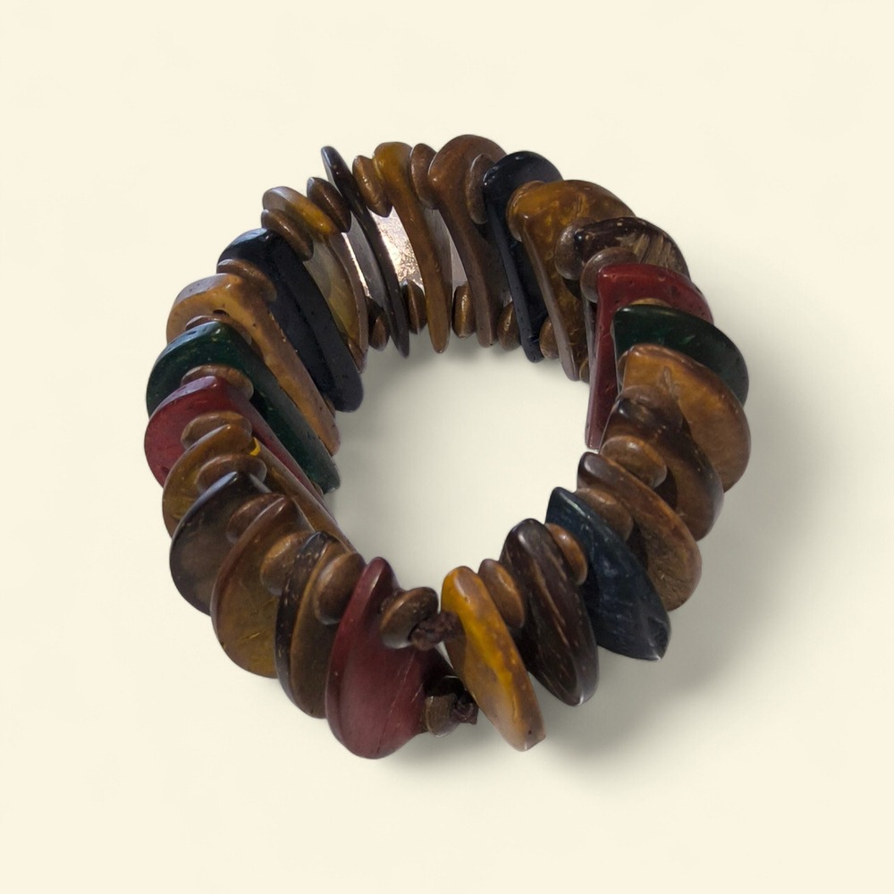 Vintage Coconut Shell Chunky Stretch Bracelet Boho Natural Wood Jewelry - Picture 3 of 5